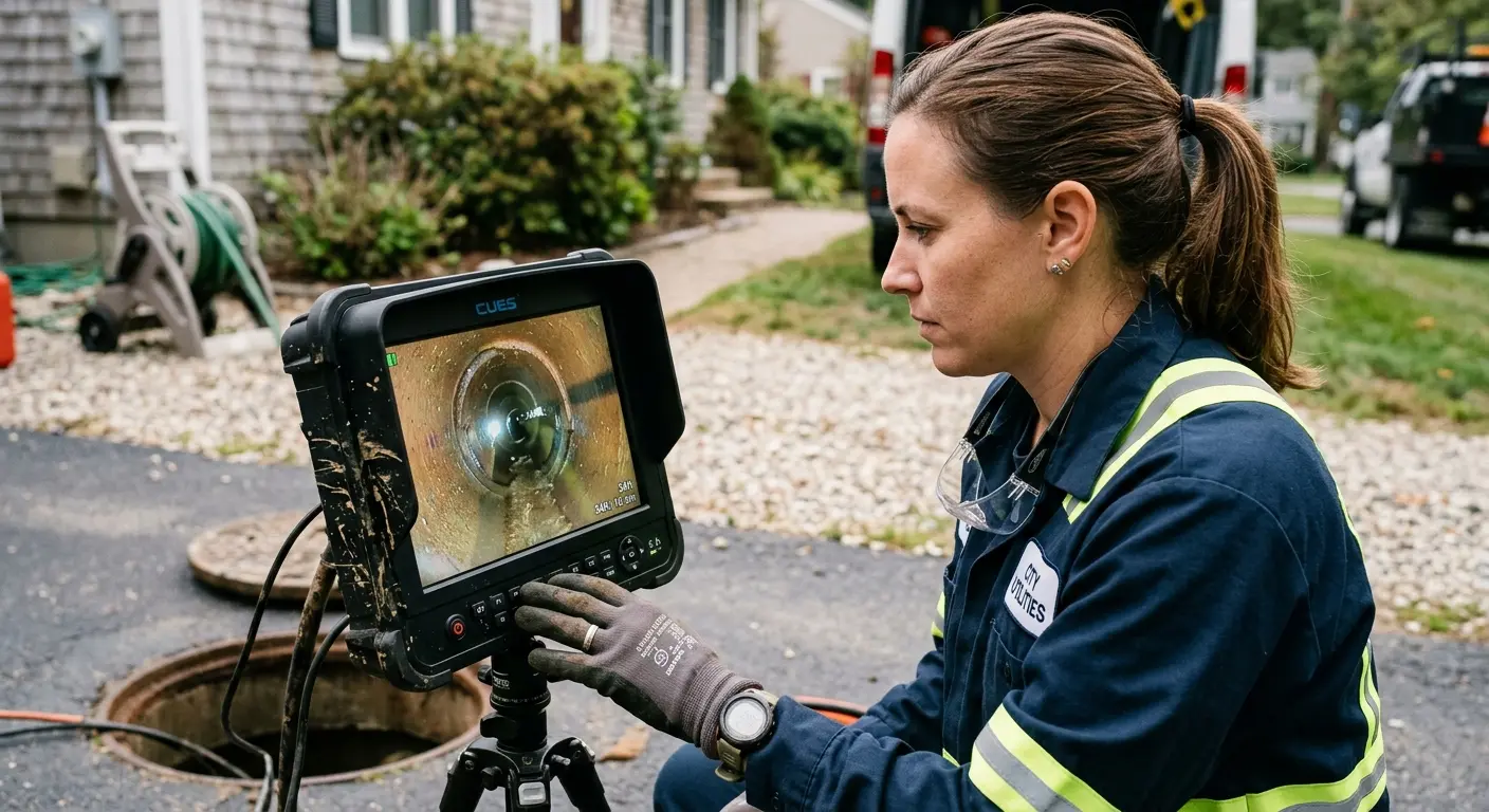 Technician reviewing sewer camera inspection footage in Lake Goodwin