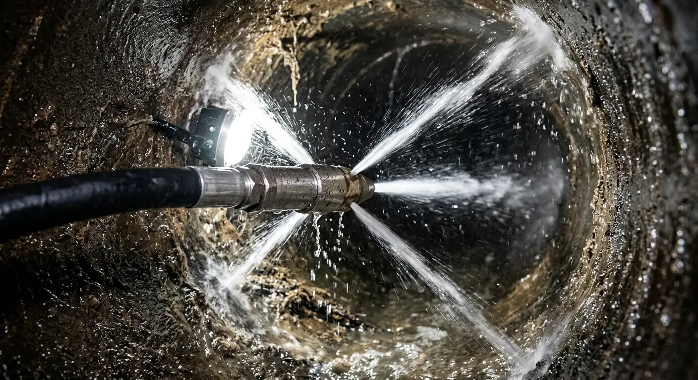 High-pressure hydro jetting nozzle cleaning sewer pipe for Sewer Cleanout in Lake Goodwin