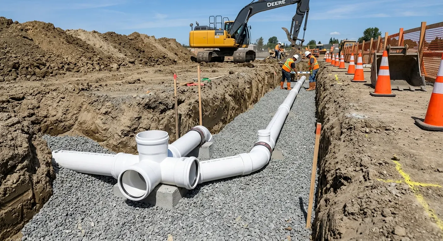 New PVC sewer pipe installation in open trench for Sewer Backup in Lake Goodwin