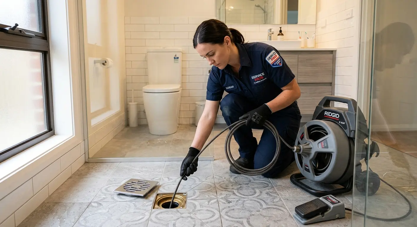 Technician clearing a bathroom floor drain for Hydro Jetting in Lake Goodwin